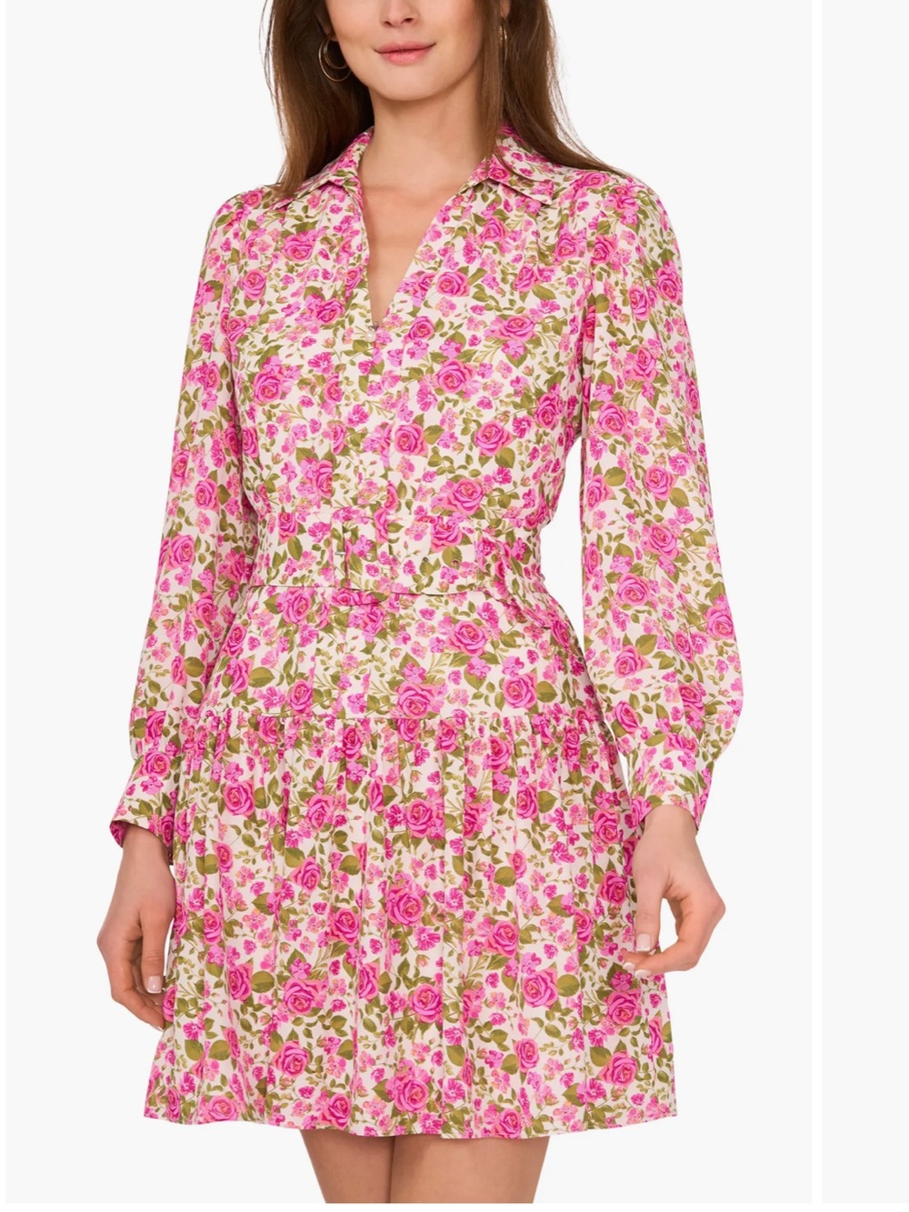 Cece by Cynthia Steffe Floral Pink Floral Long-Sleeve Shirt Dress
